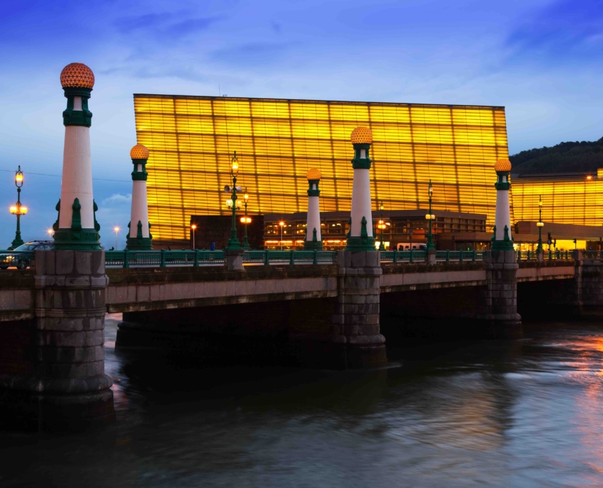 View of Sant Sebastian. Zurriola  bridge   and Kursaal  Congress Centre in evening